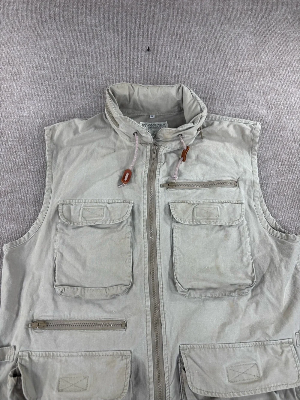 Vintage Banana Republic Vest Mens Medium Beige Safari Travel Hooded Canvas